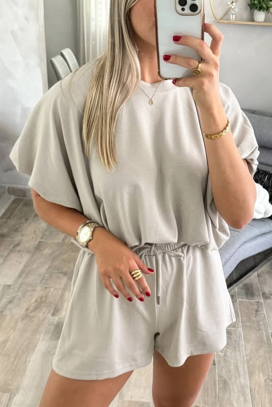 Bubble Top Short Set - Taupe