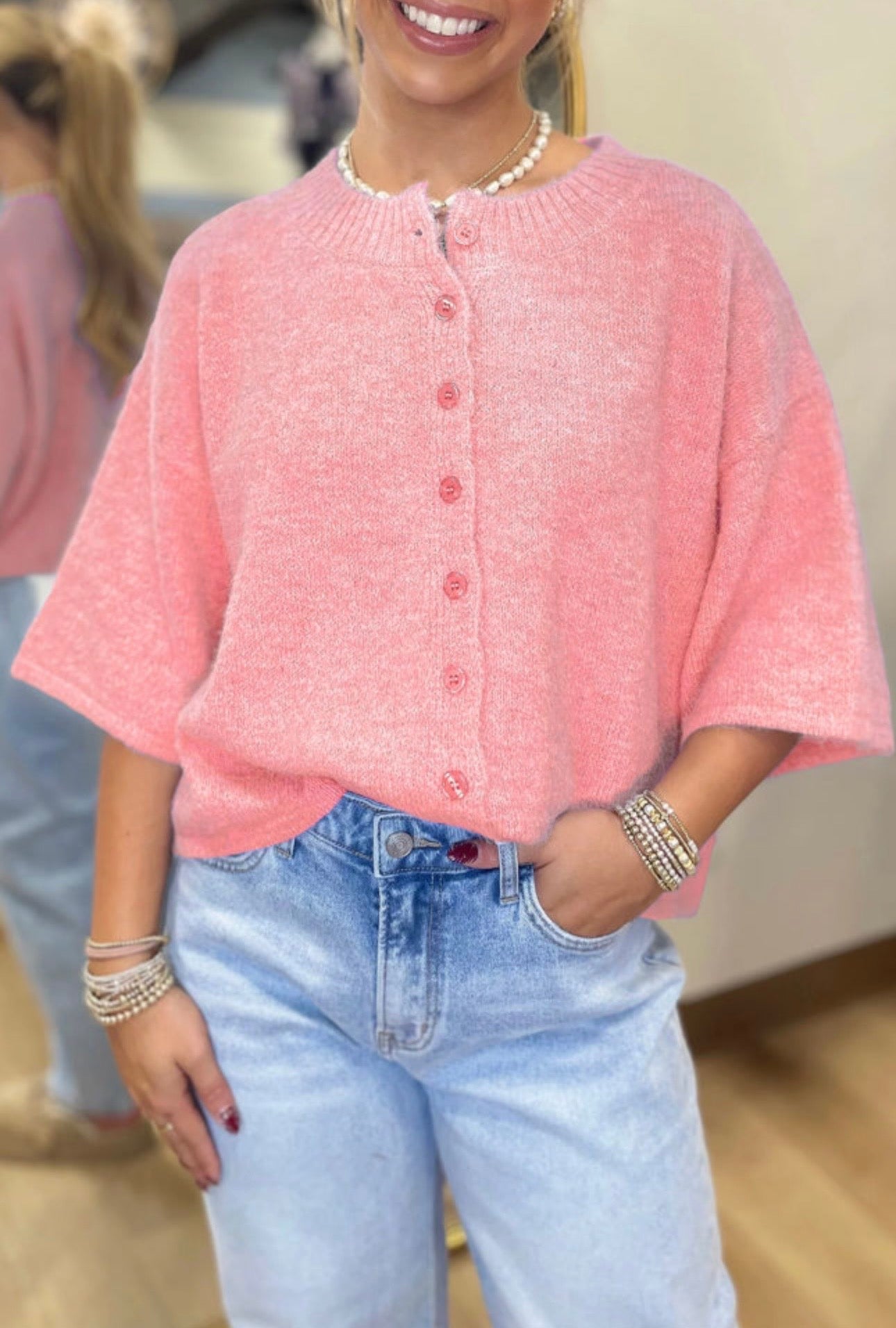 Boxy Knit Button Down || Peach Blossom