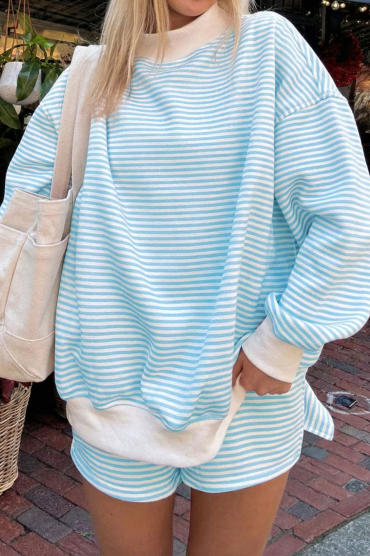 Striped Mock Neck Set - Blue