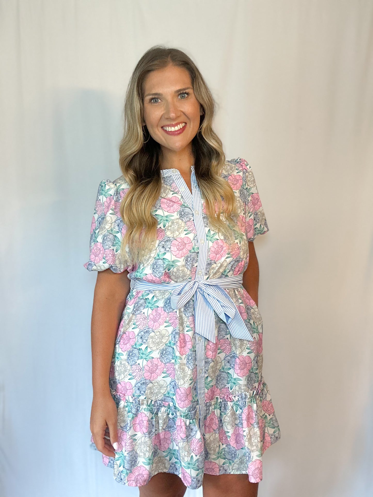Pink Floral Tie Waist Dress