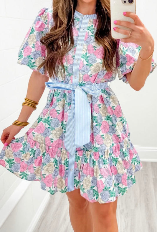 Pink Floral Tie Waist Dress