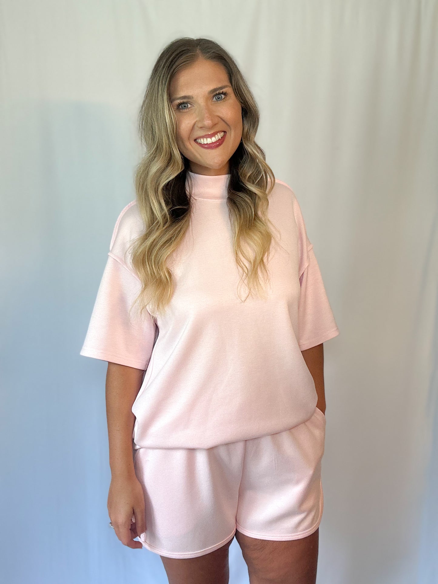 Mock Neck Casual Short Set - Pink