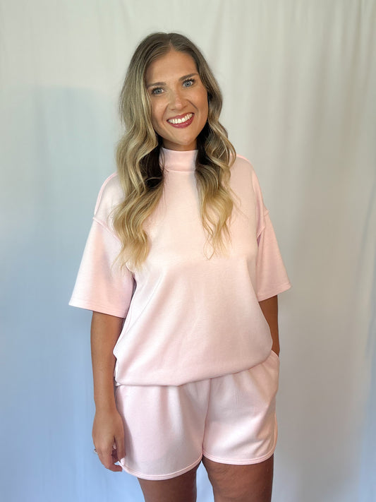 Mock Neck Casual Short Set - Pink