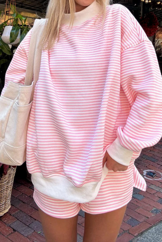 Striped Mock Neck Set - Light Pink