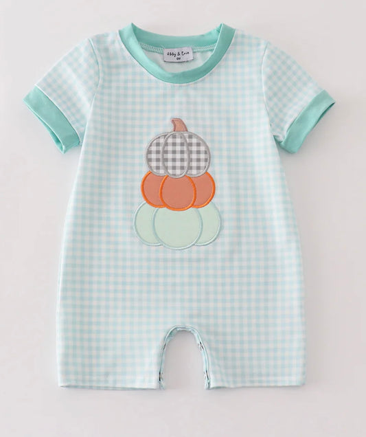 Turquoise Plaid Pumpkin Trio Romper